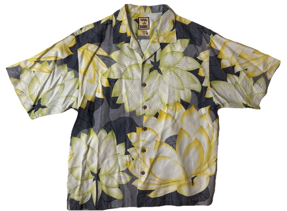 TOMMY BAHAMA Size Large Palm Men's 100% Silk Hawaiian Shirt Lotus Flower